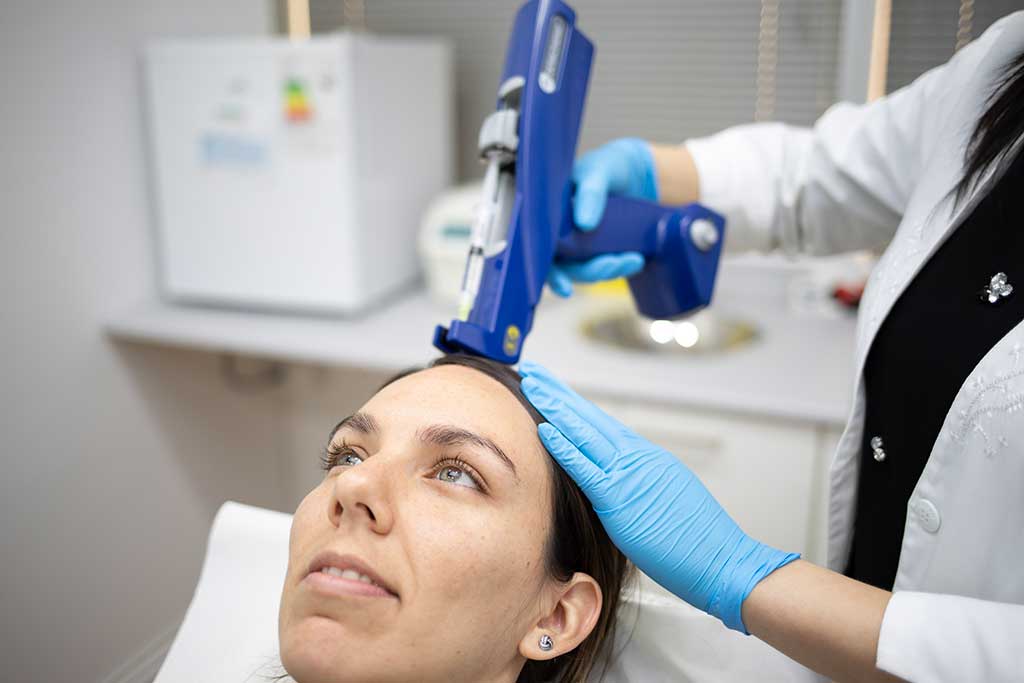 paciente recibiendo tratamiento de mesoterapia capilar